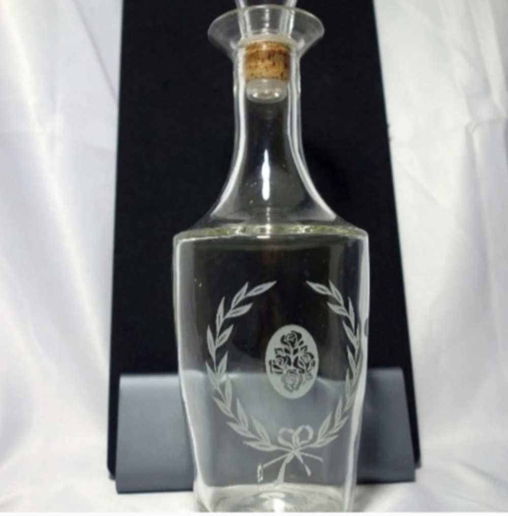 Vintage, Etched Liquor Decanter Roses & Laurels